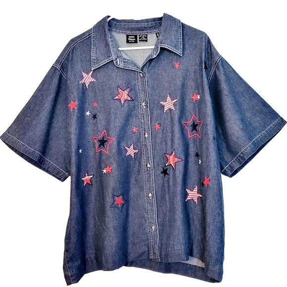 VTG Quizz Woman & Co Patriotic Stars Strips Button Down Denim Shirt Plus Size 24 - Picture 1 of 6